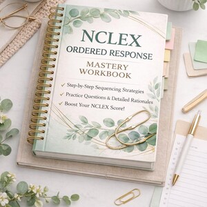 Può includere: Un quaderno a spirale intitolato "NCLEX ORDERED RESPONSE MASTERY WORKBOOK" con una spirale dorata. La copertina presenta un fogliame verde e il testo "Step-by-Step Sequencing Strategies", "Practice Questions & Detailed Rationales" e "Boost Your NCLEX Score!". Sono visibili anche una tazza di caffè, occhiali e una penna.