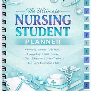 Peut inclure: Un agenda à spirales intitulé "The Ultimate Nursing Student Planner" dans des tons de bleu et de sarcelle. Comprend des pages mensuelles, hebdomadaires et quotidiennes, des journaux cliniques et un suivi des notes. Comprend un stéthoscope, des livres médicaux et un bonnet d'infirmière.