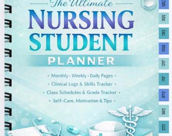 May include: A spiral-bound planner titled "The Ultimate Nursing Student Planner" in shades of blue and teal. Features include monthly, weekly, and daily pages, clinical logs, and a grade tracker. Includes a stethoscope, medical books, and a nurse's cap.