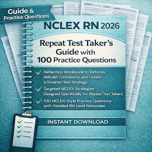 以下が含まれることがあります： 「NCLEX RN 2026 Repeat Test Taker's Guide with 100 Practice Questions」と題された、ターコイズと白のガイド。 ガイドにはチェックリストと「Instant Download」の文字が含まれています。 ガイドはスパイラル綴じで、背景にはいくつかのページがあります。