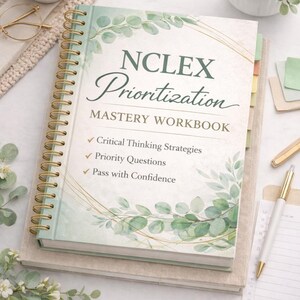 May include: A spiral-bound workbook titled "NCLEX Prioritization Mastery Workbook" with green and gold accents. The cover features botanical illustrations and the text "Critical Thinking Strategies," "Priority Questions," and "Pass with Confidence." A cup of coffee and a pen are also visible.