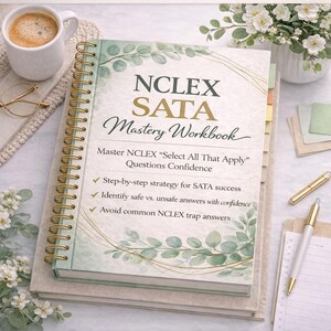 Quaderno di esercizi NCLEX SATA/ Guida allo studio NCLEX rn & pn Seleziona tutto ciò che si applica / 25 domande di pratica con motivazioni / Download immediato