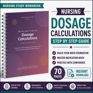 May include: A spiral-bound nursing study workbook with a purple gradient cover featuring the text Nursing Dosage Calculations A Step by Step Guide. The cover includes the brand name Mindfuelguides and descriptive text about math foundation, medication math, and practice. The design includes a 70 pages badge and icons for lessons, basics, questions, and credentials.