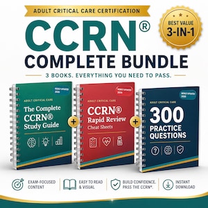May include: A 3-in-1 CCRN Adult Critical Care certification bundle featuring three spiral-bound books: a green study guide, a red rapid review cheat sheet, and a blue practice question book. Each cover displays the text Newly Updated 2026.