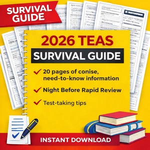 May include: A yellow 2026 TEAS Survival Guide with the text "20 pages of concise, need-to-know information", "Night Before Rapid Review", and "Test-taking tips". The image also includes a stack of books and a pen.