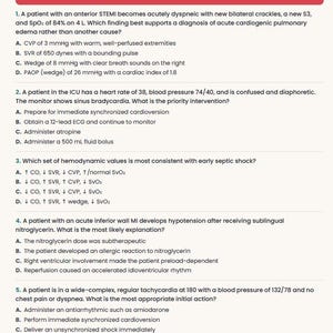 May include: A white document titled Cardiovascular with 38 questions, featuring five multiple-choice medical questions about patient scenarios, including anterior STEMI, sinus bradycardia, septic shock, inferior wall MI, and tachycardia.