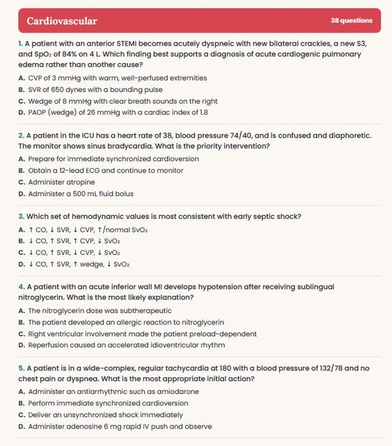 May include: A white document titled Cardiovascular with 38 questions, featuring five multiple-choice medical questions about patient scenarios, including anterior STEMI, sinus bradycardia, septic shock, inferior wall MI, and tachycardia.