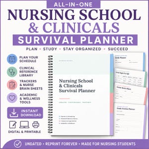 Può includere: Un'agenda a spirale Nursing School & Clinicals Survival Planner con copertina bianca e testo nero. L'agenda include sezioni per la pianificazione, riferimenti clinici, tracker e strumenti per il benessere, con anteprime di altre pagine.