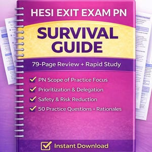 以下が含まれることがあります： 「HESI Exit Exam PN Survival Guide」と題された紫と黄色の学習ガイド。表紙には「79ページのレビュー+迅速な学習」というテキストと、主要なトピックをリストした箇条書きが含まれています。ガイドはスパイラル綴じで、「インスタントダウンロード」という言葉が含まれています。