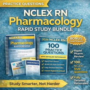 May include: A rapid study bundle for NCLEX RN Pharmacology. The image features study materials including a rapid review book, practice questions, and bonus cheat sheets. The text includes "Study Smarter, Not Harder."