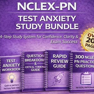 May include: A purple study bundle for the NCLEX-PN exam. The image features four spiral-bound books: "Test Anxiety Workbook", "Question Breakdown & Critical Thinking Guide", "Rapid Review Guide", and "300 NCLEX PN Practice Questions". The text reads "Over 200 Pages!"