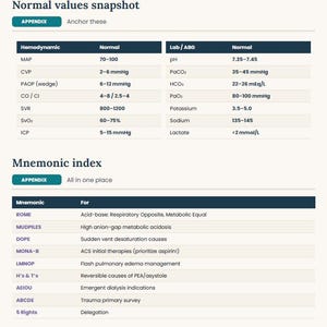 May include: A medical reference chart titled Normal values snapshot and Mnemonic index. It displays two tables: Hemodynamic and Lab/ABG values with ranges, followed by a Mnemonic index table listing medical acronyms like ROME, MUDPILES, DOPE, MONA-B, LMNOP, H's & T's, AEIOU, ABCDE, and 5 Rights with their corresponding clinical meanings.