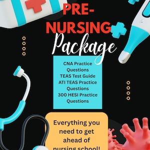 Può includere: Grafica promozionale per un pacchetto pre-infermieristico. L'immagine presenta uno stetoscopio, un termometro e un kit di pronto soccorso. Il testo recita "PRE-NURSING Package" ed elenca materiali di studio come domande pratiche CNA e guide ai test TEAS. Il testo dice anche "Tutto ciò di cui hai bisogno per superare la scuola infermieristica!"