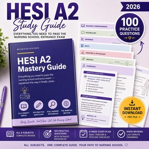 May include: A HESI A2 Mastery Guide study book with a dark blue cover featuring white text and icons. Beside it are several stacked pages showing practice questions for subjects like reading, math, and anatomy, plus a yellow instant download icon.