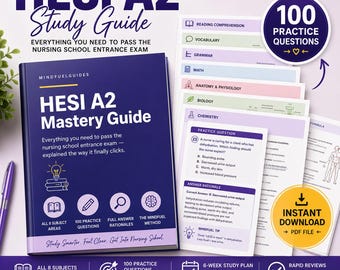 May include: A HESI A2 Mastery Guide study book with a dark blue cover featuring white text and icons. Beside it are several stacked pages showing practice questions for subjects like reading, math, and anatomy, plus a yellow instant download icon.