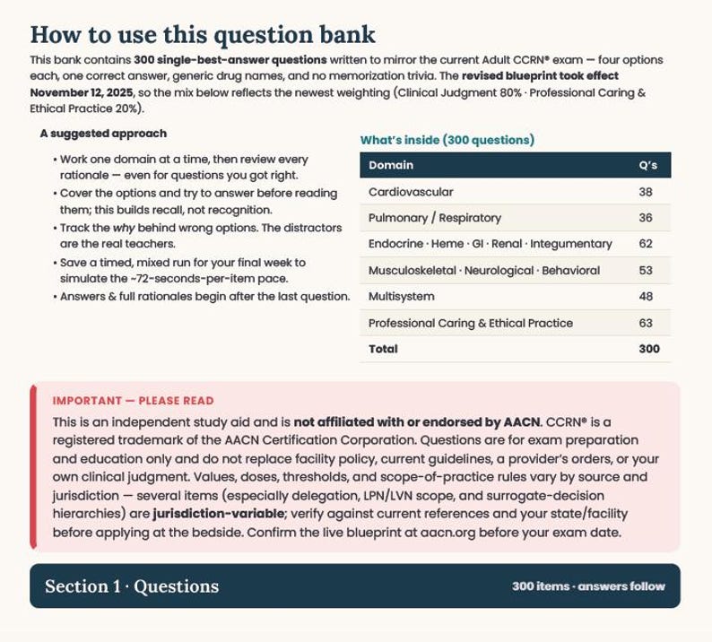 May include: An informational document titled How to use this question bank, detailing 300 Adult CCRN exam questions. It includes a suggested approach, a table listing domains like Cardiovascular and Pulmonary, and a disclaimer regarding non-affiliation.