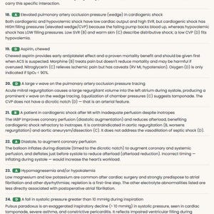 May include: A medical study guide page featuring numbered questions 17 through 25, each with a green circular bullet point indicating the correct answer choice. The text provides clinical explanations for cardiac conditions, medications, and hemodynamic monitoring.