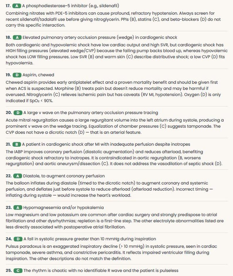 May include: A medical study guide page featuring numbered questions 17 through 25, each with a green circular bullet point indicating the correct answer choice. The text provides clinical explanations for cardiac conditions, medications, and hemodynamic monitoring.
