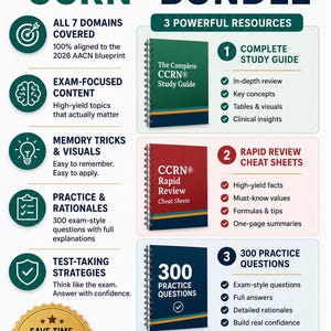 May include: An educational bundle for CCRN exam preparation featuring three spiral-bound books: a green study guide, a red rapid review cheat sheet, and a blue practice question book. The infographic lists features like 7 domains, 300 questions, and bonus cheat sheets for ICU nurses.