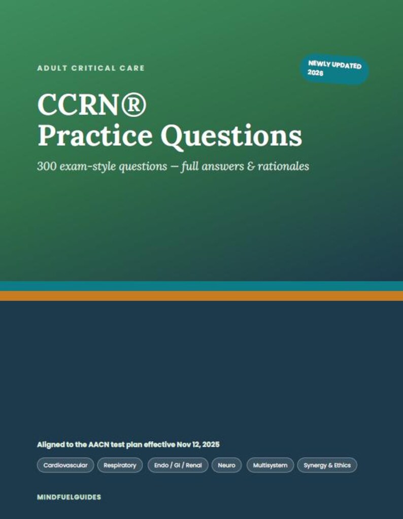 May include: A green and dark blue study guide cover titled Adult Critical Care CCRN Practice Questions with 300 exam-style questions, full answers and rationales, newly updated 2026, and aligned to the AACN test plan effective Nov 12, 2025.