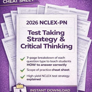 May include: A stack of white study sheets with the title "2026 NCLEX-PN Test Taking Strategy & Critical Thinking." The sheets include bullet points and the text "Cheat Sheet" at the top. The bottom of the sheet says "Instant Download."