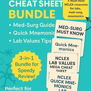 May include: A teal graphic promoting an "NCLEX Cheat Sheet Bundle" with study guides and flashcards. The image includes a yellow burst with the text "3-in-1 Bundle for Speedy Review!" and a list of study topics.
