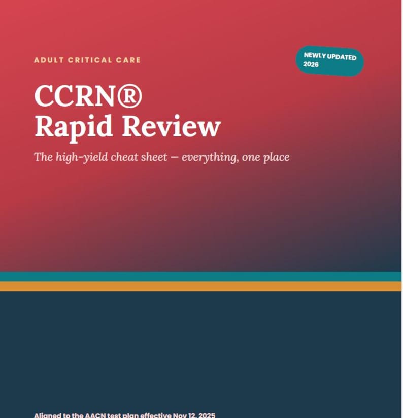May include: A red and dark blue educational document titled Adult Critical Care CCRN Rapid Review. The text includes The high-yield cheat sheet &ndash; everything, one place, a teal Newly Updated 2026 badge, and Aligned to the AACN test plan effective Nov 12, 2025.