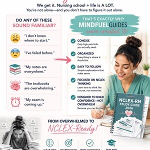May include: An informational graphic titled BUILT FOR THE OVERWHELMED Nursing Student featuring a spiral-bound NCLEX-RN STUDY GUIDE 2026. The layout includes lists of common student struggles, benefits of the guide, and motivational text.