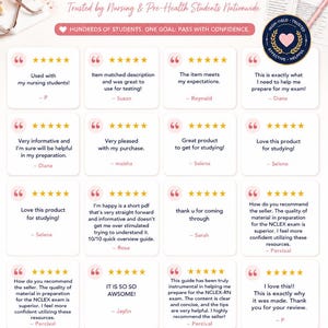 May include: A promotional graphic titled 5-STAR REVIEWS featuring testimonials from nursing students. The layout includes multiple five-star ratings, quotes, and text highlighting NCLEX-RN rapid review study materials, student trust, and exam success goals.
