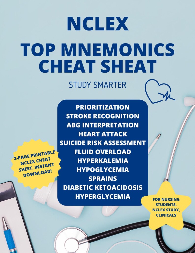 NCLEX Mnemonics Cheat Sheet | Nursing Study Guide (PDF) - Etsy