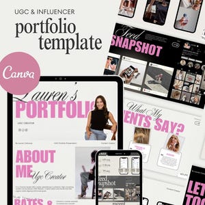 May include: A digital portfolio template for UGC and influencer marketing, featuring a pink and black color scheme. The design includes mockups of phone screens and a tablet displaying portfolio content, with the text "portfolio template" and "Canva".