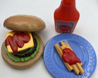 VTG Fisher Price Play Food Fun For Tikes Cheeseburger Fries Ketchup Bottle Lot