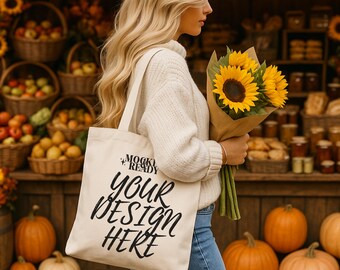 Cotton Canvas Natural Tote Bag Mockup | Halloween Shopping Bag Listing Image  for Fall and Thanksgiving Print on Demand Etsy Sellers