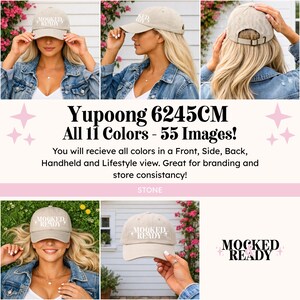 Puede incluir: Gorra de b&eacute;isbol color piedra con el texto "MOCKED + READY" en blanco. La gorra se muestra desde m&uacute;ltiples &aacute;ngulos, incluyendo vistas frontal, lateral y trasera. La imagen tambi&eacute;n incluye el texto "Yupoong 6245CM Todos los 11 colores - 55 im&aacute;genes!"