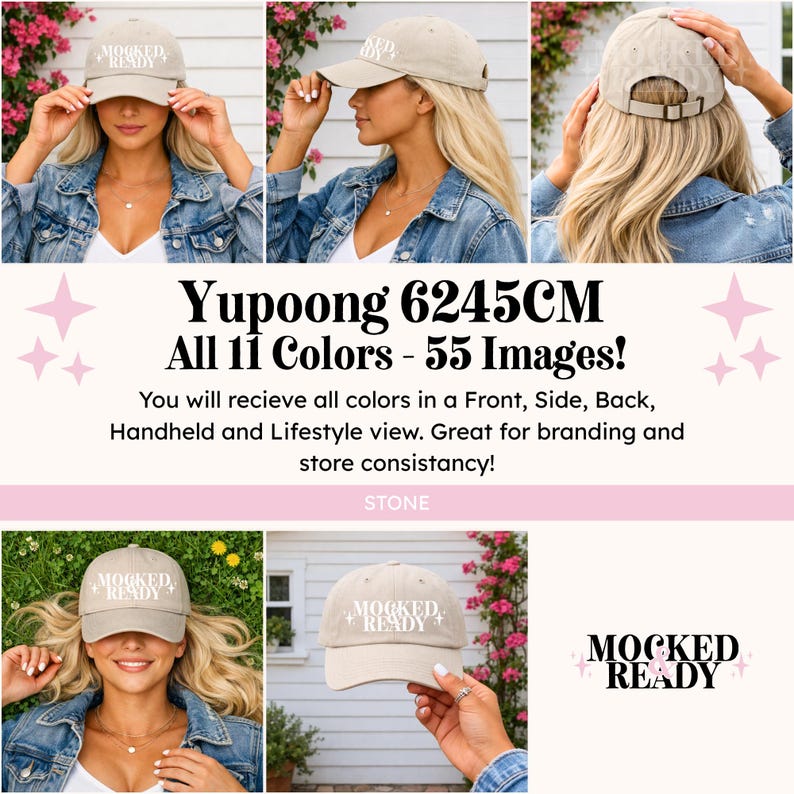 Puede incluir: Gorra de b&eacute;isbol color piedra con el texto "MOCKED + READY" en blanco. La gorra se muestra desde m&uacute;ltiples &aacute;ngulos, incluyendo vistas frontal, lateral y trasera. La imagen tambi&eacute;n incluye el texto "Yupoong 6245CM Todos los 11 colores - 55 im&aacute;genes!"