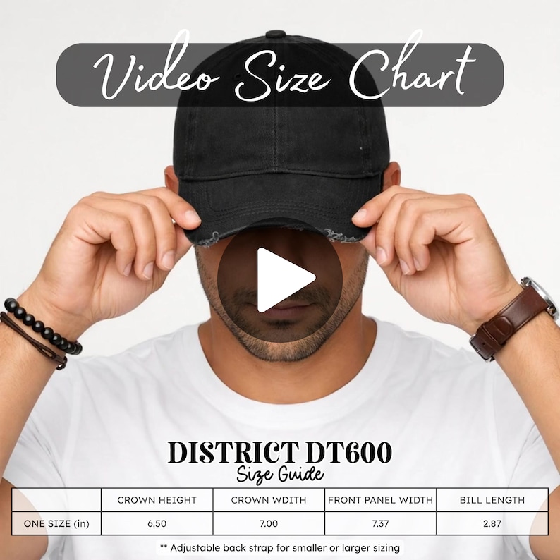 District DT600 Size Chart Video Mockup – Male Model Apparel Video for Print on Demand | Distressed Dad Hat Sizing Guide