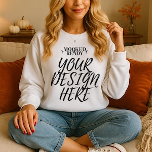 White AWDis JH030 Sweatshirt Fall Mockup | JH030 Halloween Mockup, Halloween Mock, Sweatshirt AWDis Mockup, Oversized AWDis JH030 Mockup