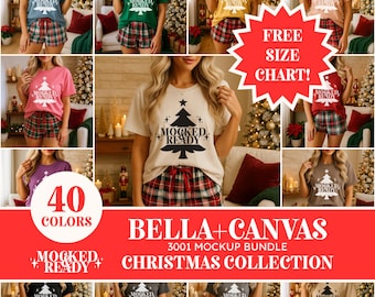 May include: A collection of short-sleeved t-shirts in various colors, each featuring a white graphic of a Christmas tree with the text MOCKED READY. The shirts are paired with plaid shorts. The image includes text stating BELLA+CANVAS 3001 MOCKUP BUNDLE CHRISTMAS COLLECTION.