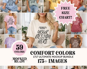 Comfort Colors 1717 Mockup Bundle | CC1717 All Colors Oversized Shirt Mock Up Pack for Print on Demand | Model Listing Images + Size Chart