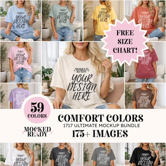 Comfort Colors 1717 Mockup Bundle | CC1717 All Colors Oversized Shirt Mock Up Pack for Print on Demand | Model Listing Images + Size Chart