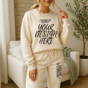 Peut inclure: Ensemble sweat-shirt et pantalon de survêtement crème. Le sweat-shirt porte l'inscription "YOUR DESIGN HERE" en noir. Le pantalon de survêtement a une taille à cordon. L'ensemble est présenté sur une personne.