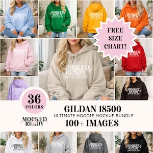 May include: A mockup bundle of Gildan 18500 hoodies in various colors, including blue, green, yellow, orange, pink, beige, red, purple, gray, and black. The hoodies have the text "MOCKED READY" and "YOUR DESIGN HERE". The image also includes a "FREE SIZE CHART!"