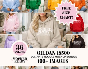 Paquete de maquetas de sudadera con capucha extragrande Gildan 18500 / Imágenes de la lista de modelos G18500 / Paquete de maquetas de sudadera con capucha para impresión a pedido + Tabla de tallas