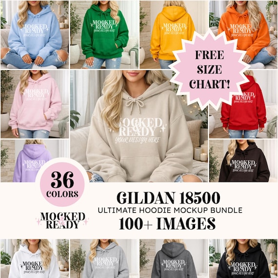 Gildan 18500 Mockup Bundle | G18500 Oversized Hoodie Model Listing Images | Hooded Sweatshirt Mock Up Pack for Print on Demand + Size Chart