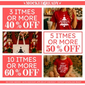 May include: A promotional graphic featuring text offers for 40%, 50%, and 60% off. Images include a red t-shirt with a white Christmas tree graphic, a canvas tote bag with a tree print, and a red baby onesie with text reading YOUR DESIGN HERE.