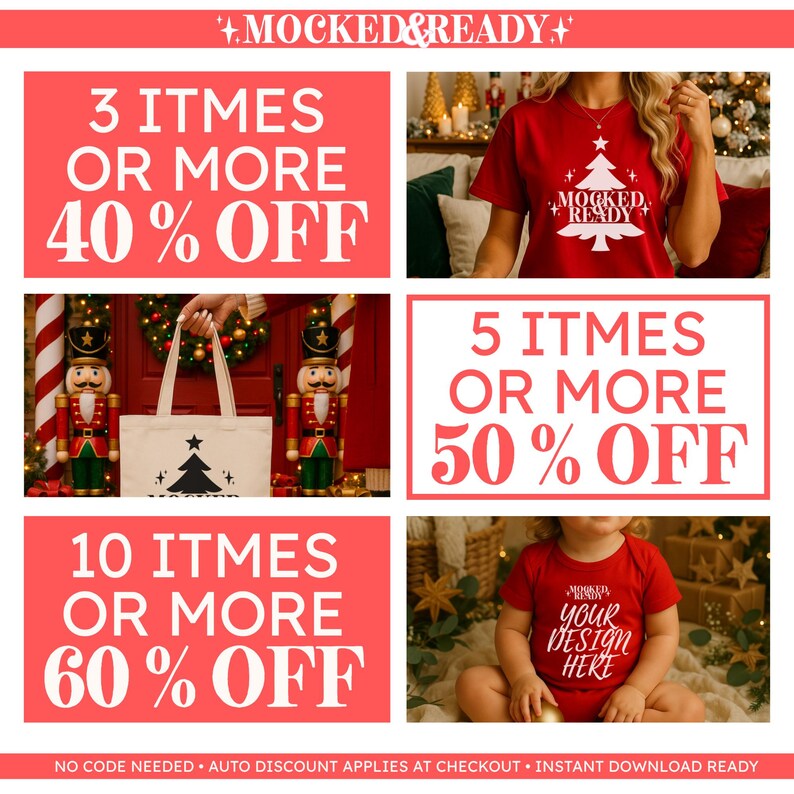 May include: A promotional graphic featuring text offers for 40%, 50%, and 60% off. Images include a red t-shirt with a white Christmas tree graphic, a canvas tote bag with a tree print, and a red baby onesie with text reading YOUR DESIGN HERE.