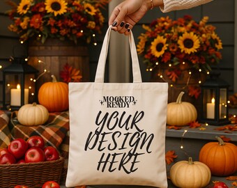 Cotton Canvas Natural Tote Bag Mockup | Halloween Shopping Bag Listing Image  for Fall and Thanksgiving Print on Demand Etsy Sellers