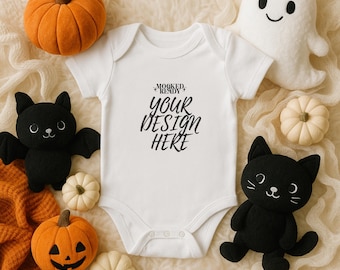 Skórki Białego Królika 4424, makieta Flatlay, body niemowlęce na jesień, body niemowlęce na Święto Dziękczynienia, pierwsze Halloween dla noworodka, POD dla malucha
