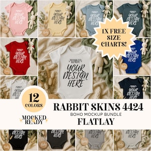 Puede incluir: Una presentación de bodies para bebés en varios colores, cada uno con el texto "YOUR DESIGN HERE". La imagen incluye un conejito de peluche y elementos decorativos. El texto en la imagen dice "12 COLORS", "RABBIT SKINS 4424" y "BOHO MOCKUP BUNDLE FLATLAY."