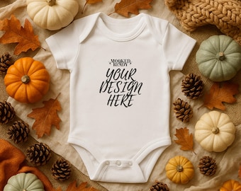 Skórki Białego Królika 4424, makieta Flatlay, body niemowlęce na jesień, body niemowlęce na Święto Dziękczynienia, pierwsze Halloween dla noworodka, POD dla malucha